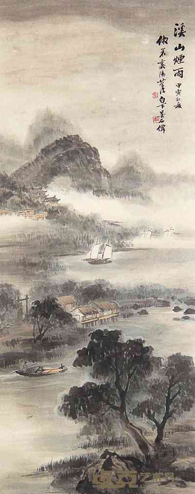 吴石僊 溪山烟雨 立轴 102×40cm